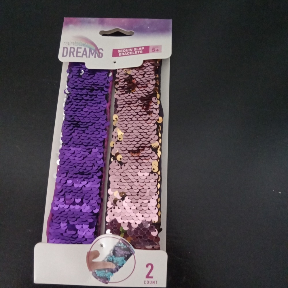 Rainbow Dreams Sequin Slap Bracelets 2‎ Pack Purple Rose Gold Reversible Sensory